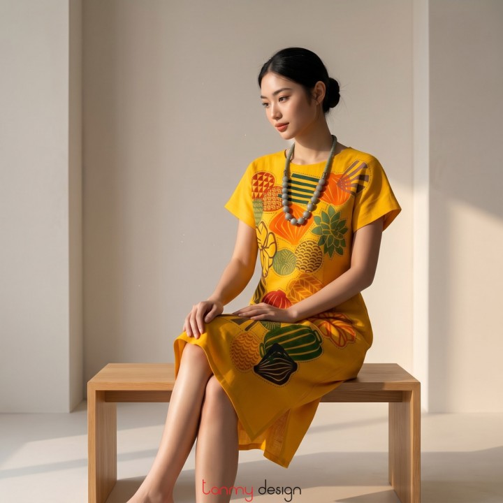 Yellow short dress with hand- painted and embroidered patterns
